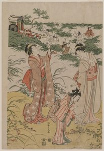 Vrouwen die krekels achtervolgen op een herfstige heide, vroege jaren 1790 door Chobunsai Eishi