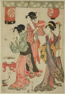 Feest in een theehuis, uit een parodie van Chushingura door Chokosai Eisho