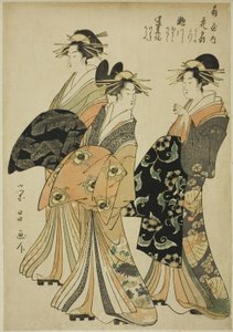 De courtisanes Hanaogi, Segawa en Miyahito van de Ogiya door Chokosai Eisho