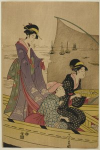 Vrouwen op een vissersboot door Chokosai Eisho