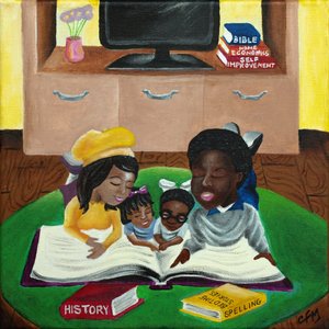 Een gezin dat samen leest, 2015 (acryl op doek)