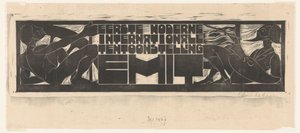 Aankondiging of titelhoofd voor de Eerste Moderne Internationale Tentoonstelling (EMIT) te Scheveningen