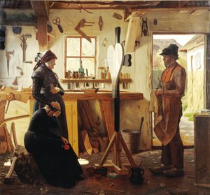 Twee vrouwen bezoeken de dorpskunstenaar om het bestelde grafkruis te zien door Christen Dalsgaard