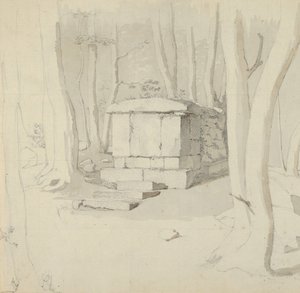 Een stenen graf in een bos, verso: Studie van een bloem, 1830