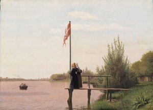 Een uitzicht op het meer Sortedam vanaf Dosseringen richting de buitenwijk Nørrebro buiten Kopenhagen