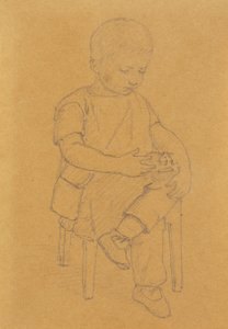 De zoon van de kunstenaar Peter, hele figuur, zittend met een dier of een stuk speelgoed door Christen Købke