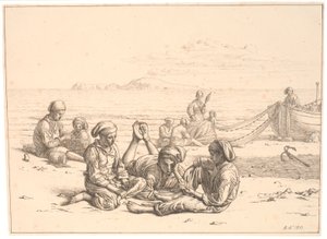 Napolitaanse vissersjongens die kaarten spelen. Verschillende vissers zijn bezig met hun netten. Op de achtergrond is Capri te zien door Christen Købke