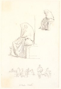 Schetsblad met studies van zittende oude vrouw en biddende figuren