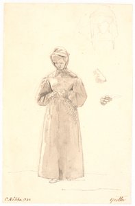 Studie van de zus van de kunstenaar Cecilie Margrethe, rechts twee schetsen van haar hoofd en schetsen van haar hals en schouder en van haar rechterhand