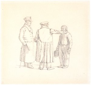 Drie personen in gesprek; met de rug naar ons toe bakker Kjøbke, links majoor Krohn en rechts slavensergeant Sprøch door Christen Købke