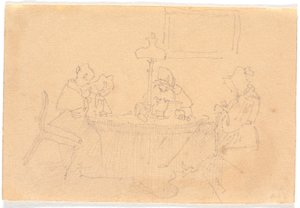 Avondinterieur. Vier dames rond een tafel, naaiend bij lamplicht