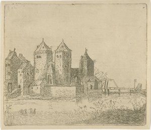 Gezicht op een kasteel met een slotgracht