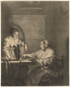 Interieur met dame en dienstmeid bij kaarslicht