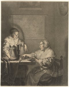 Interieur met dame en dienstmeid bij kaarslicht