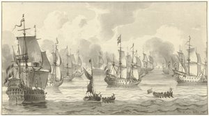 Zeegezicht met oorlogsvloot door Christiaan Josi