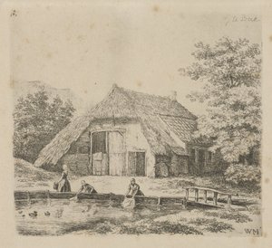 Drie vrouwen doen de was in Beek door Christiaan Wilhelmus Moorrees