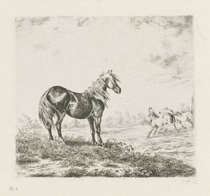 Landschap met drie paarden door Christiaan Wilhelmus Moorrees