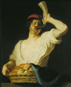 Een bakker die op zijn hoorn blaast door Christiaen van Couwenbergh