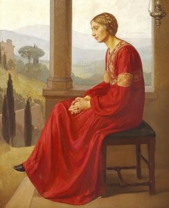 Een vrouw in een rode jurk zittend op een terras in een Italiaans landschap