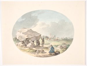 Hunebed buiten een dorp met een kerk door Christian David Gebauer