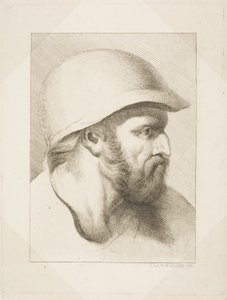 Baardmannelijk hoofd met stalen helm