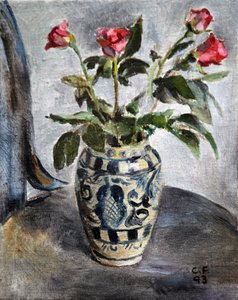 Roze Rozen In Een Geschilderde Pot