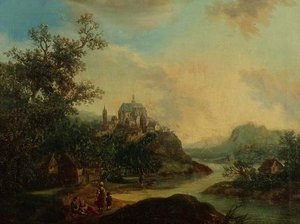 Een Rijnlands Uitzicht met Figuren op de Voorgrond en een Versterkte Stad op een Heuvel