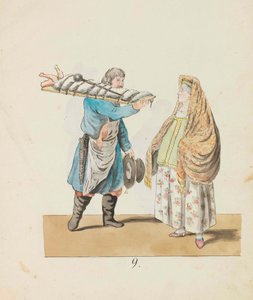 Slager met varken op de plank en koopvrouw uit de serie De St. Petersburg... door Christian Gottfried Heinrich Geissler