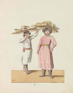 Fruithandelaar en boer die kaas en haring verkopen Uit de serie De St. Petersburg..., 1799 door Christian Gottfried Heinrich Geissler