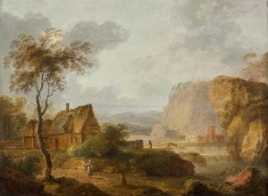 Berglandschap met rivier en boerderij door Christian Hilfgott Brand