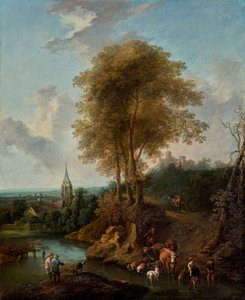 Landschap met drie bomen en kerk door Christian Hilfgott Brand