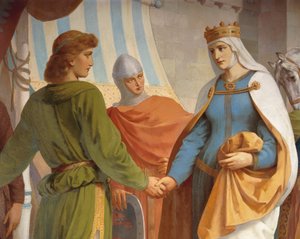 Parzival neemt afscheid van zijn moeder, koningin Herzeloyde, uit de Parzival-cyclus, Zangershal, ca. 1883-84 door Christian Jank