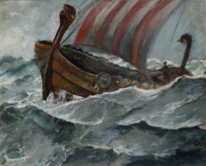 Vikingschip in slecht weer