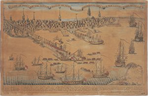 Een uitzicht op een deel van de stad Boston in New England en Britse oorlogsschepen die hun troepen landen! door Christian Remick