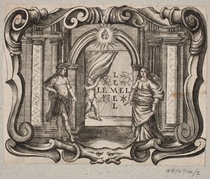 Embleem met Portaal, Man en Vrouw, Amor en Twee Brandende Harten