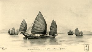 Chinese jonken bij de ingang van de haven van Hong Kong, 1898 door Christian Wilhelm Allers