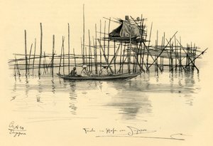 Huis op palen en vissers in de haven van Singapore door Christian Wilhelm Allers