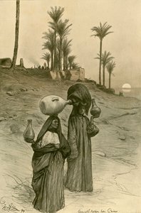 Vrouwen die waterpotten dragen aan de oevers van de Nijl, Caïro, Egypte, 1898 door Christian Wilhelm Allers