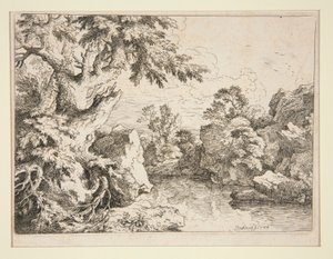 Landschap met vijver omzoomd door rotsen en bomen door Christian Wilhelm Ernst Dietrich