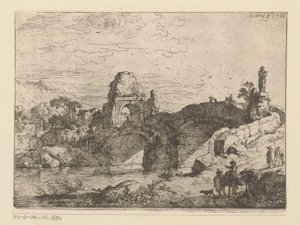 Landschap met de ruïne van een poort naast een vervallen brug