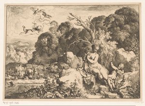 Venus zittend op een rots, vergezeld door drie putti