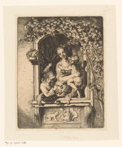 Vrouw met kinderen in gedecoreerd venster door Christian Wilhelm Ernst Dietrich