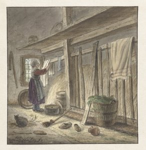 Hoekje van een stal met een meisje dat een doek ophangt door Christina Chalon