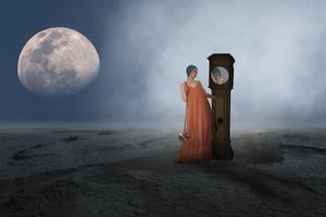 Vrouw, maan, klok, reflectie