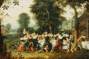 Elegante figuren zittend aan een bankettafel in een bosrijke open plek
