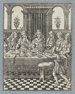 Feestmaal van Wasti, de vrouw van Ahasveros door Christoffel van Sichem (II)