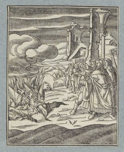 Korach, Datan en Abiram en hun gezinnen worden door de aarde verzwolgen door Christoffel van Sichem (II)