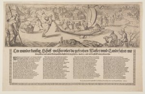 Broadside met een schuit die op het ijs vaart door Christoffel van Sichem I