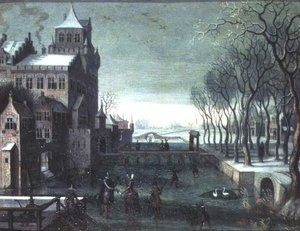 Een Winterlandschap met Figuren die Schaatsen bij een Kasteel met Gracht
