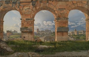 Een uitzicht door drie van de noordwestelijke bogen van de derde verdieping van het Colosseum in Rome
